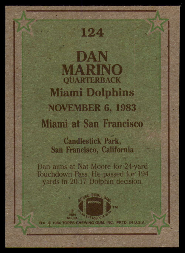 1984 Topps #124 Dan Marino IR Near Mint  ID: 151466