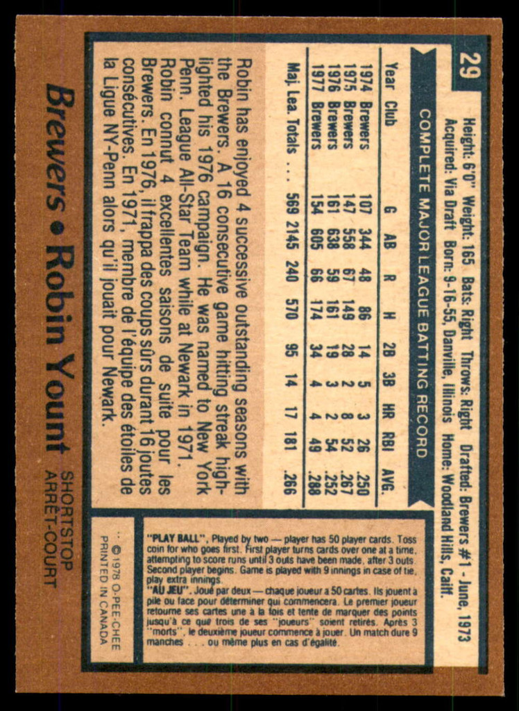 1978 O-Pee-Chee #29 Robin Yount Near Mint 