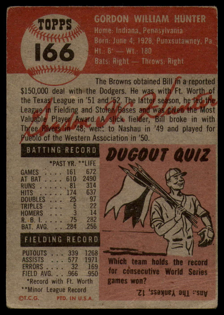 1953 Topps #166 Billy Hunter Very Good RC Rookie ID: 134377