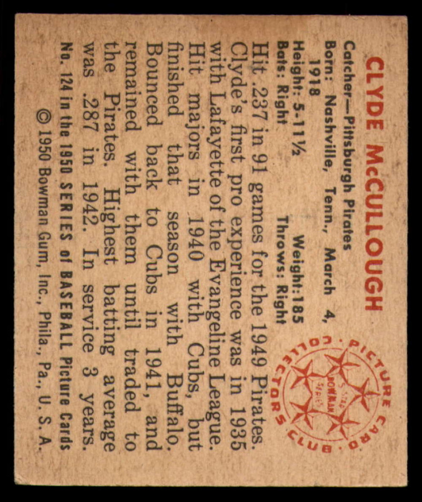 1950 Bowman #124 Clyde McCullough Excellent+  ID: 179718