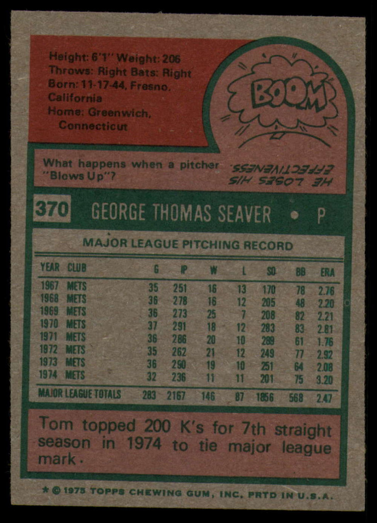 1975 Topps #370 Tom Seaver Ex-Mint  ID: 179207