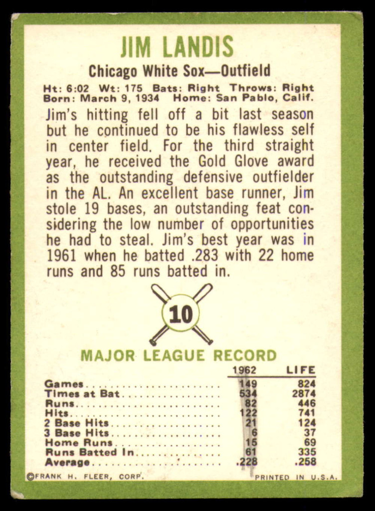 1963 Fleer #10 Jim Landis EX++ Excellent++ 