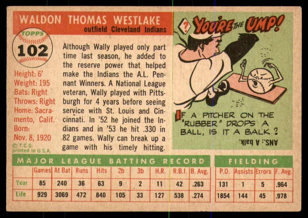 1955 Topps #102 Wally Westlake Ex-Mint 