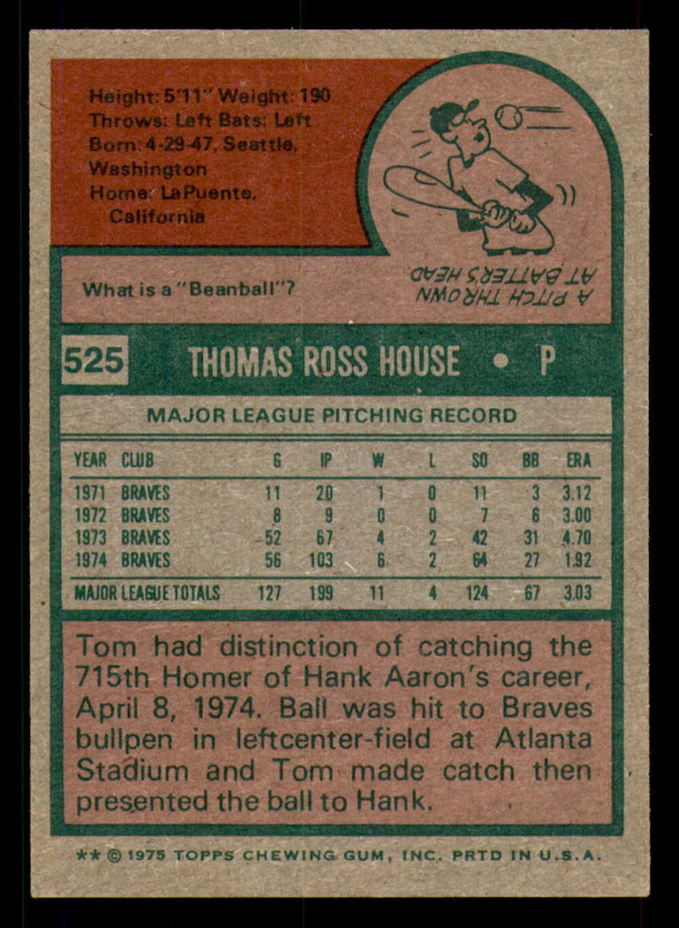1975 Topps #525 Tom House Ex-Mint  ID: 274305