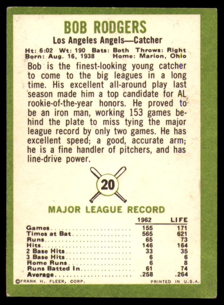 1963 Fleer #20 Bob Rodgers EX++ Excellent++  ID: 114796