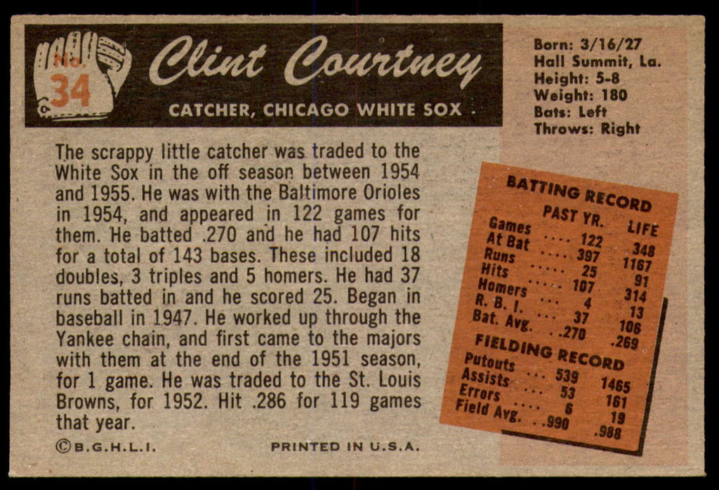 1955 Bowman #34 Clint Courtney Ex-Mint  ID: 199282