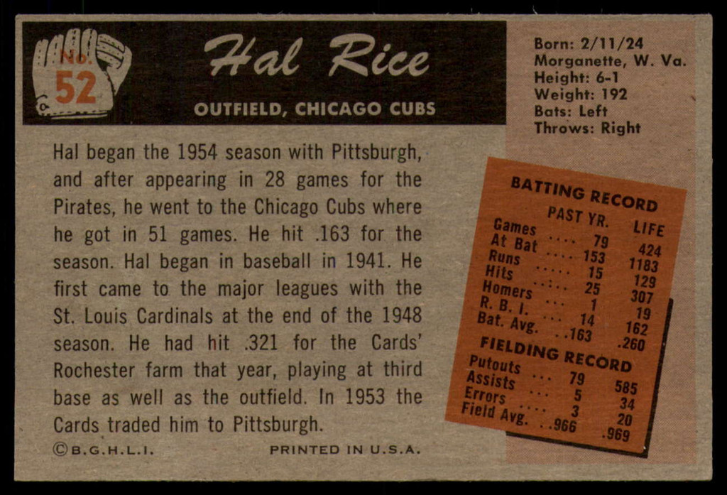 1955 Bowman #52 Hal Rice Ex-Mint  ID: 182646