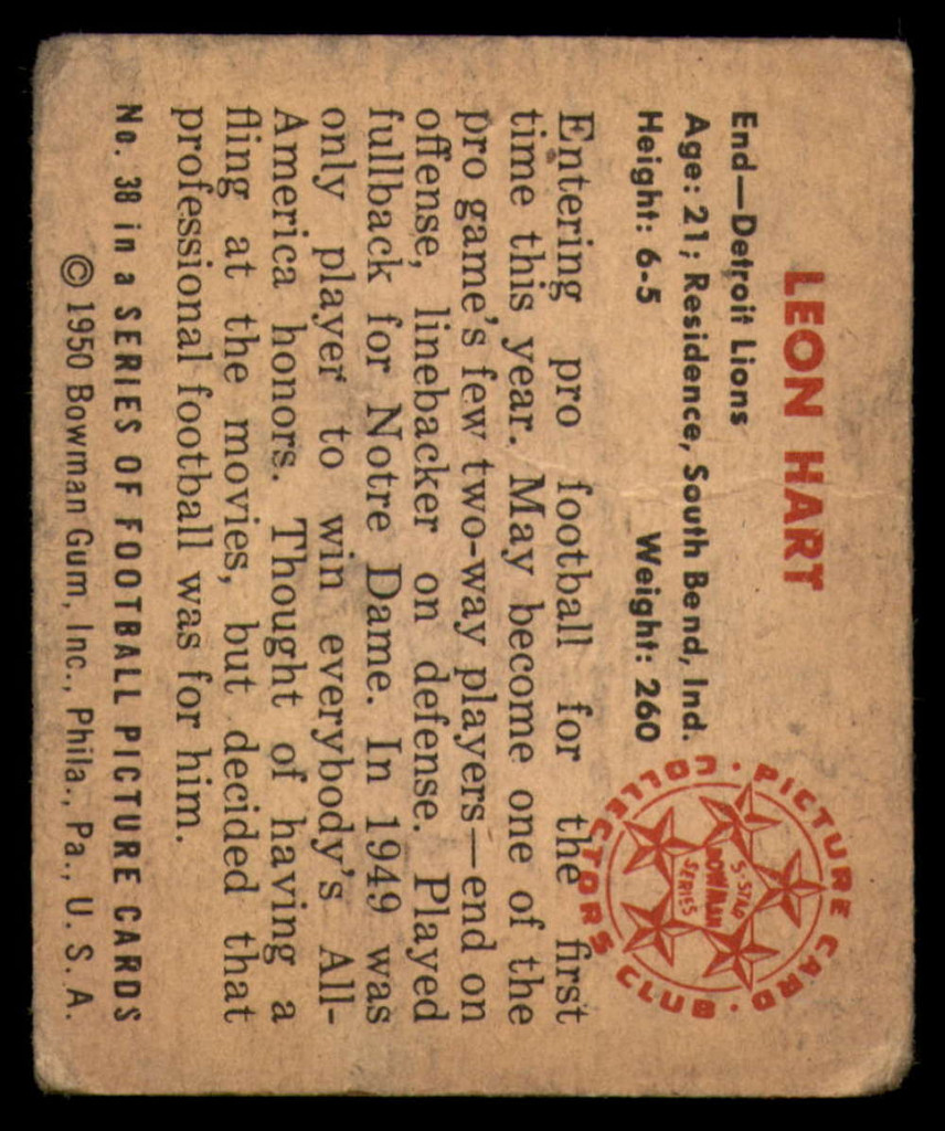 1950 Bowman #38 Leon Hart Good  ID: 151780