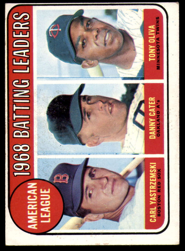 1969 Topps #   1 Carl Yastrzemski/Danny Cater/Tony Oliva A.L. Batting Leaders Excellent+  ID: 150295