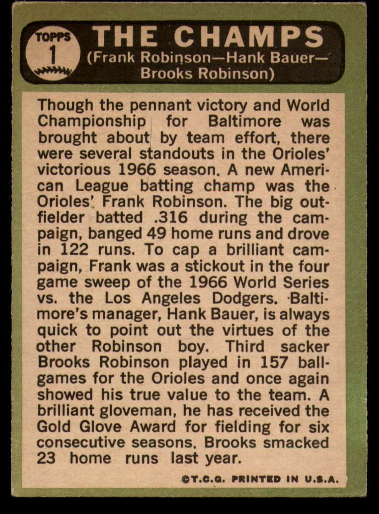 1967 Topps #   1 Frank Robinson/Hank Bauer/Brooks Robinson The Champs DP Very Good  ID: 150047