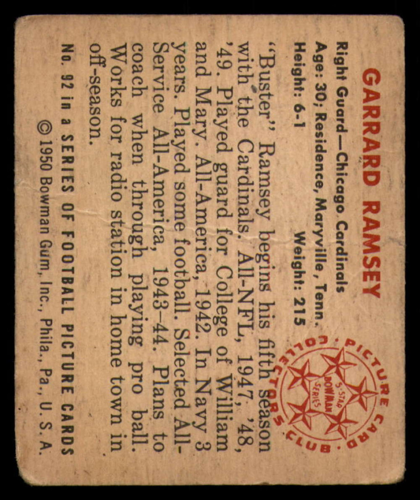 1950 Bowman #92 Buster Ramsey Very Good RC Rookie