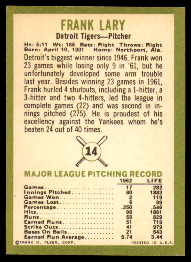 1963 Fleer #14 Frank Lary Excellent+  ID: 149630