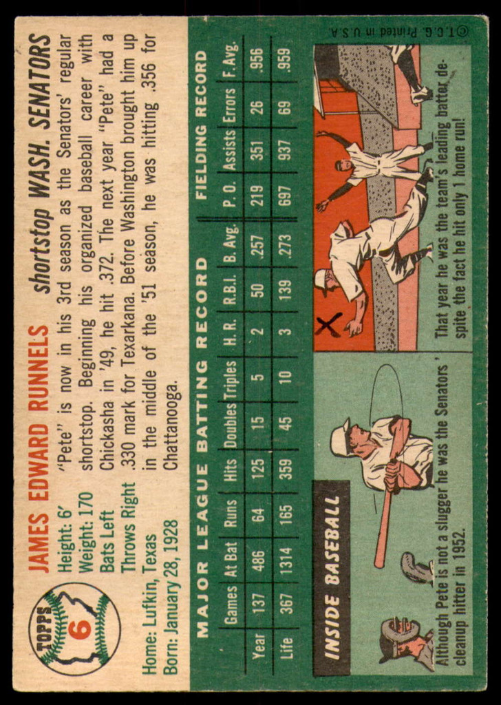 1954 Topps #6 Pete Runnels Very Good  ID: 183686