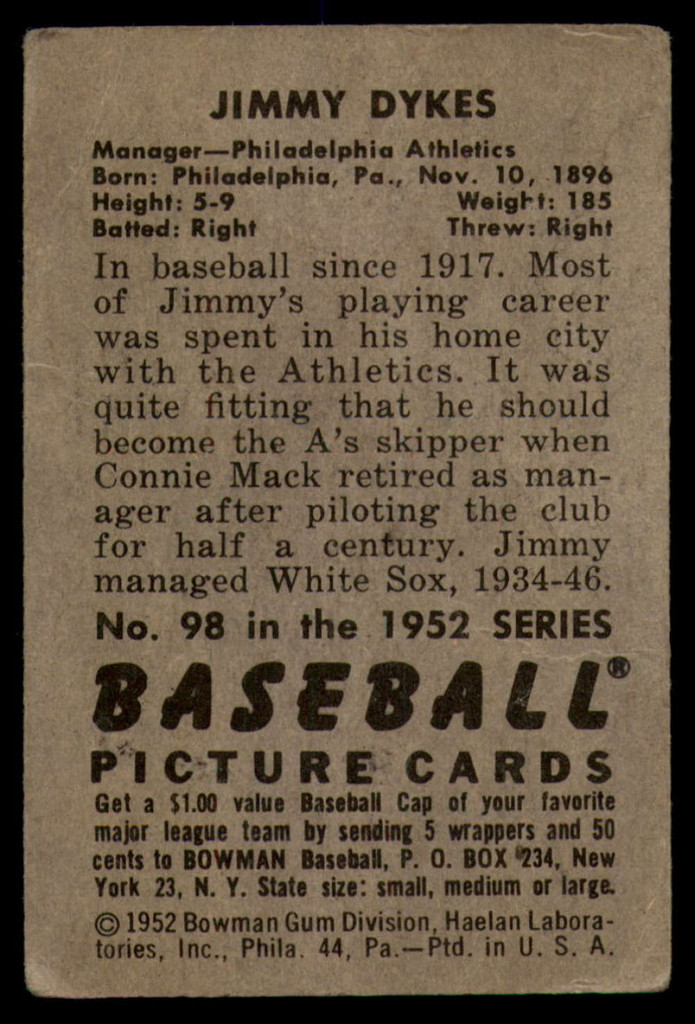 1952 Bowman #98 Jimmie Dykes MG Very Good  ID: 138410