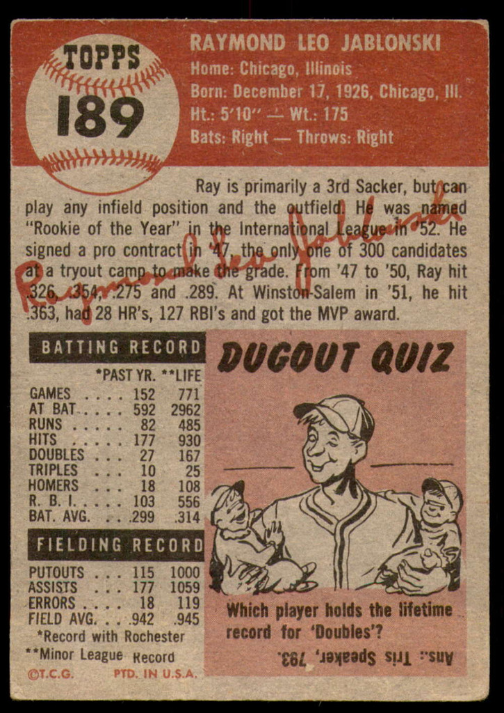1953 Topps #189 Ray Jablonski Very Good RC Rookie ID: 190378