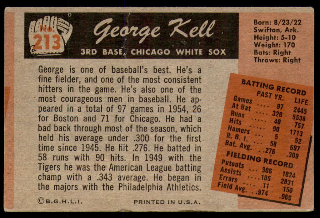 1955 Bowman #213 George Kell G-VG  ID: 183750