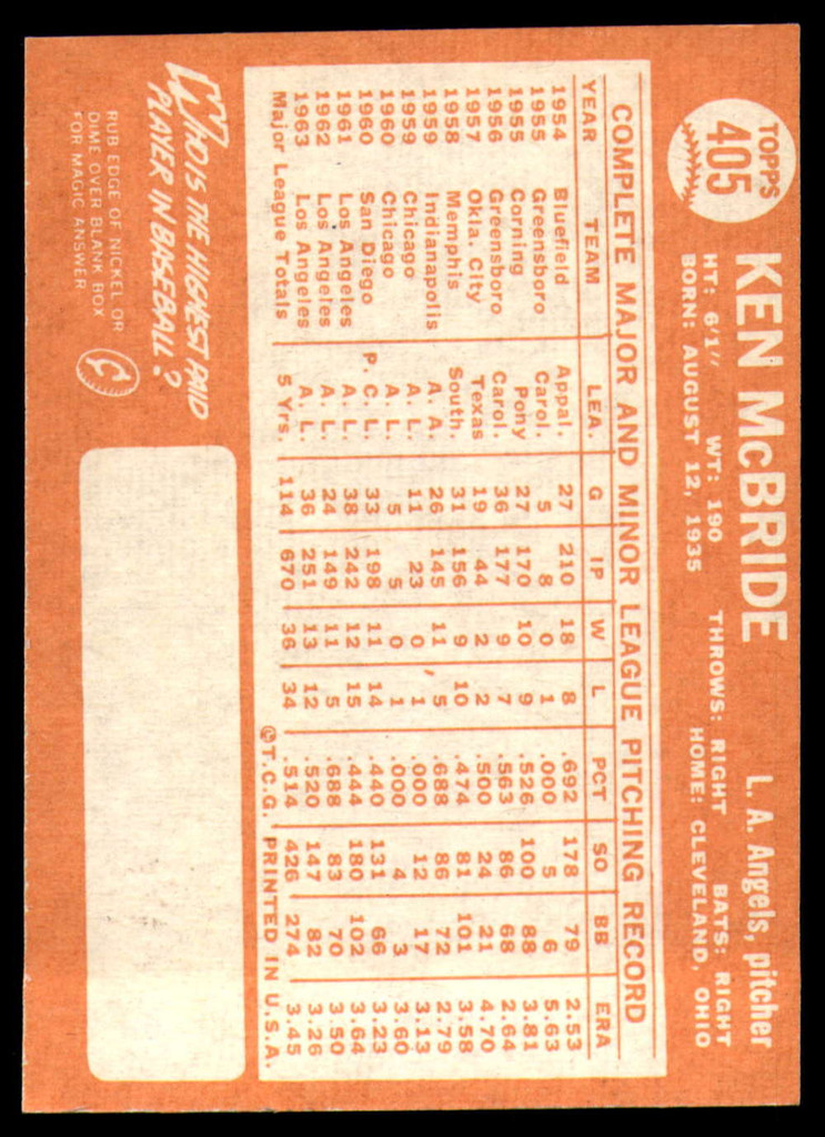 1964 Topps #405 Ken McBride Near Mint  ID: 160248