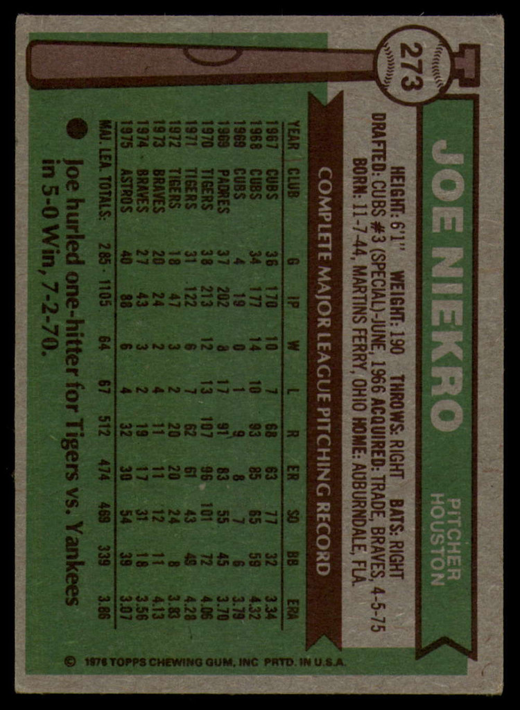 1976 Topps #273 Joe Niekro Signed Auto Autograph 