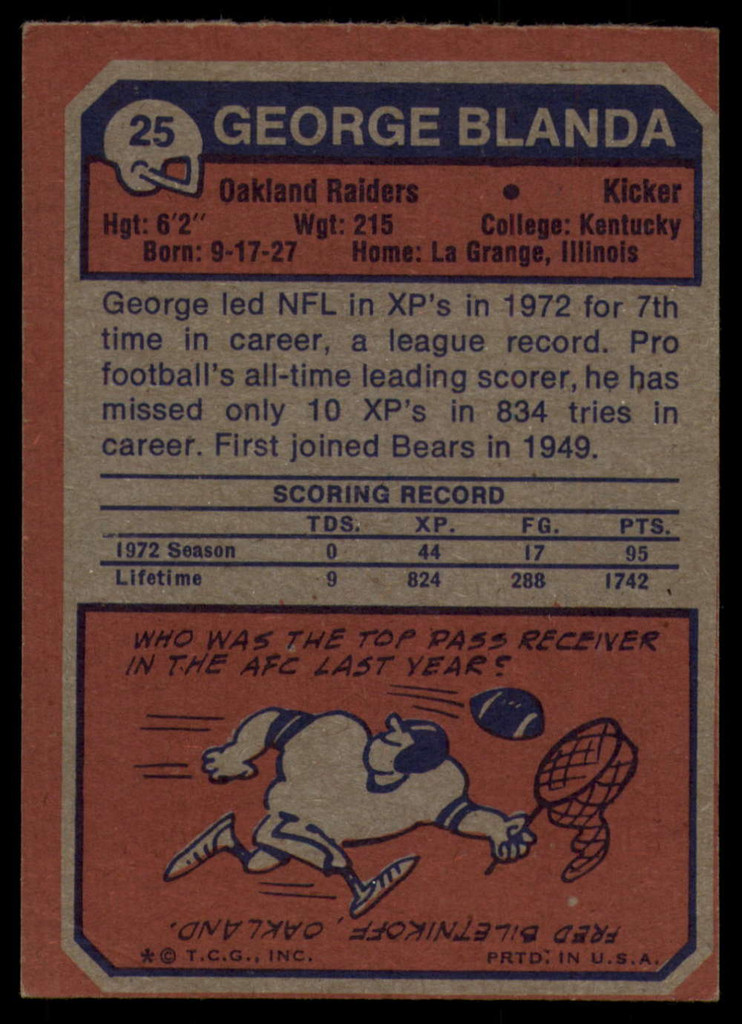 1973 Topps # 25 George Blanda Ex-Mint  ID: 178864