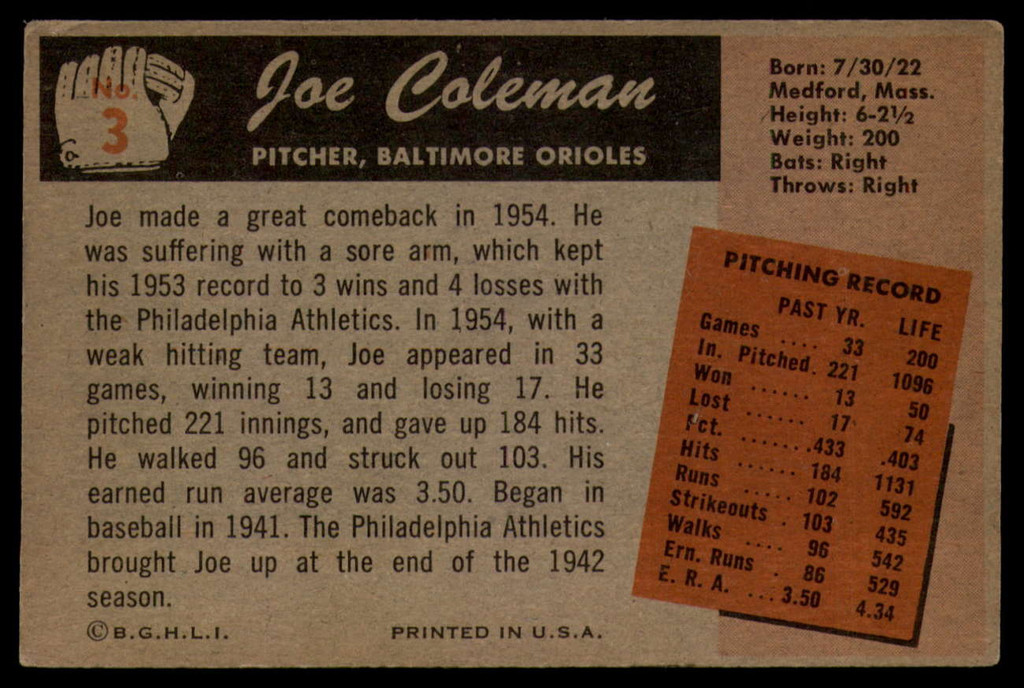 1955 Bowman #3 Joe Coleman EX++ Excellent++ 