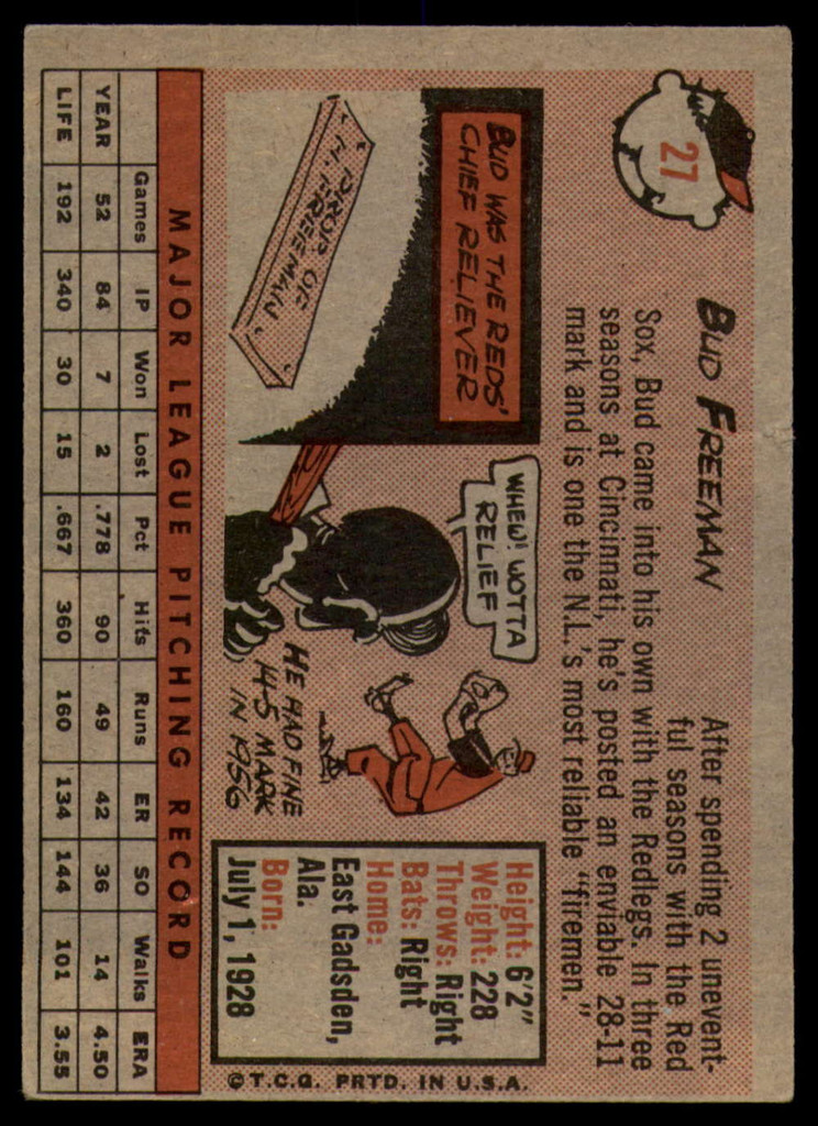 1958 Topps #27 Bud Freeman EX++ Excellent++ 