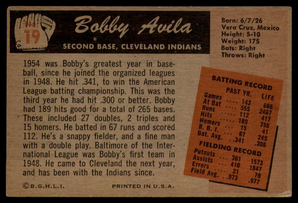 1955 Bowman #19 Bobby Avila EX++ Excellent++ 