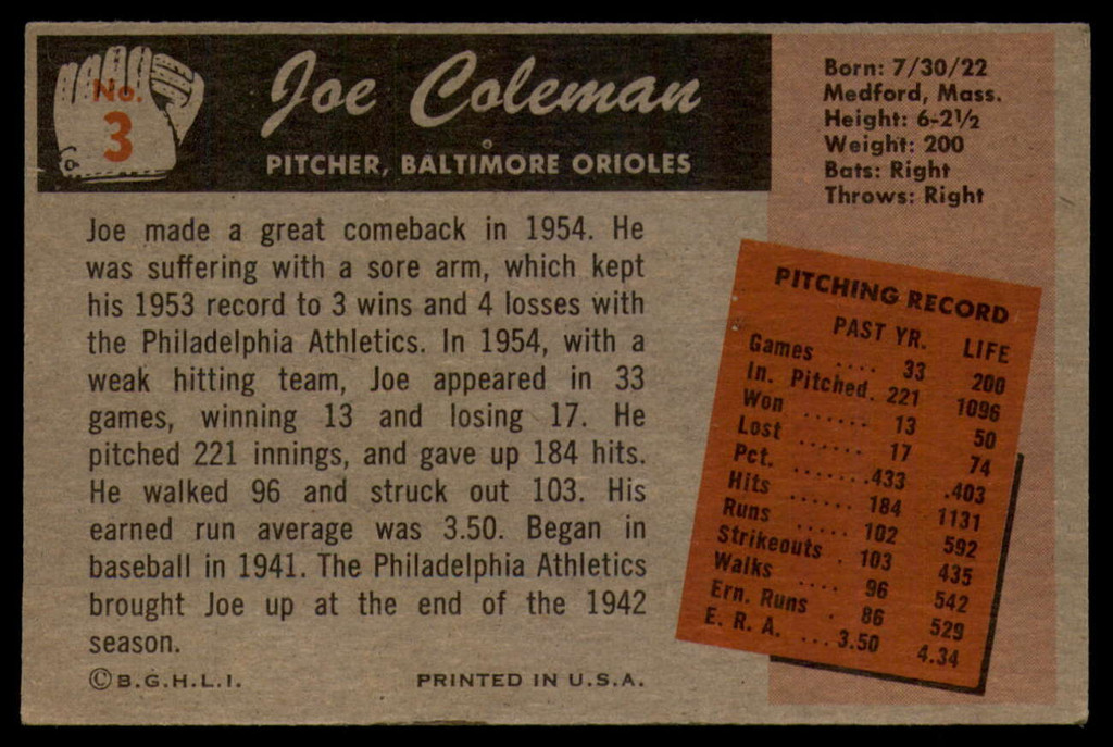 1955 Bowman #3 Joe Coleman Excellent+  ID: 132188