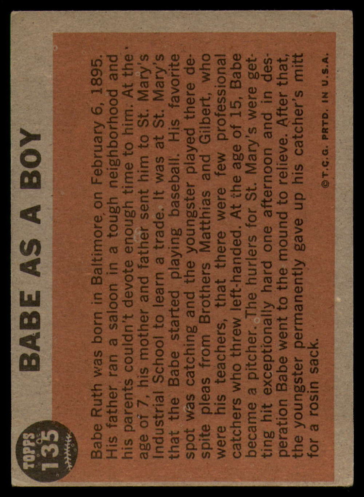 1962 Topps #135 Babe Ruth As A Boy Very Good  ID: 169583