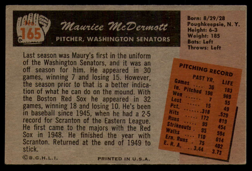 1955 Bowman #165 Mickey McDermott Ex-Mint  ID: 132276