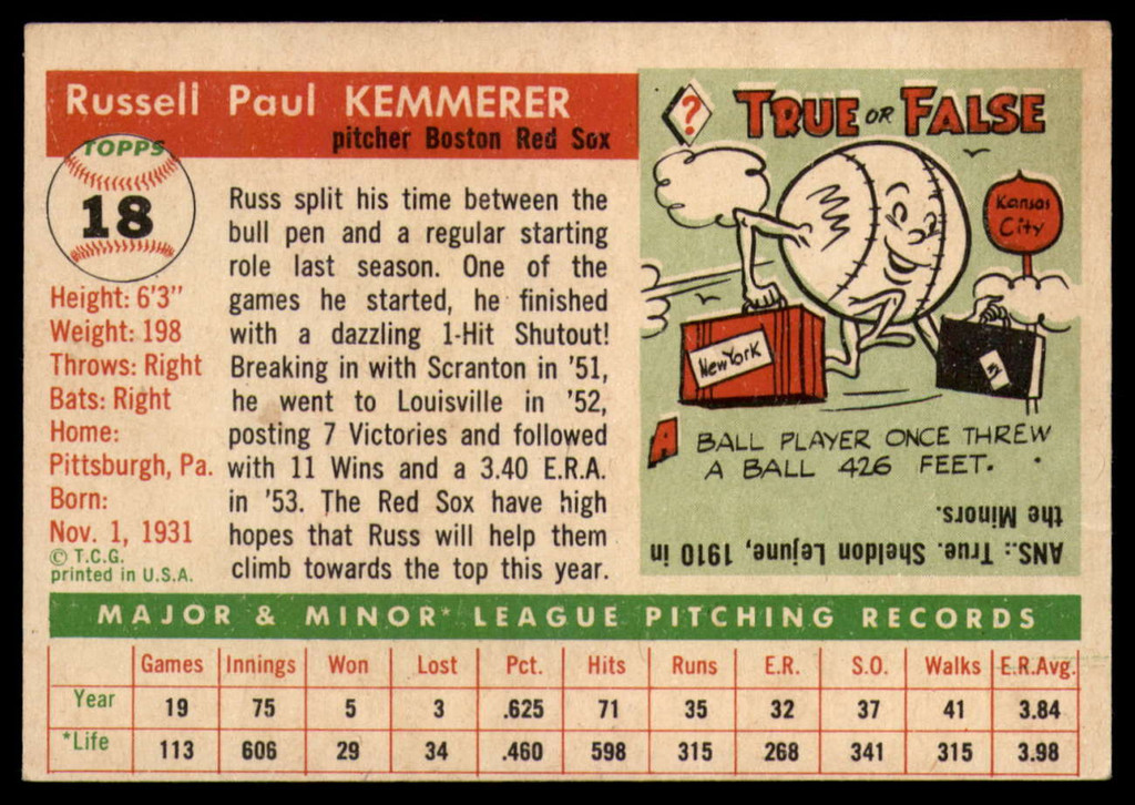 1955 Topps #18 Russ Kemmerer Excellent+ RC Rookie ID: 160958
