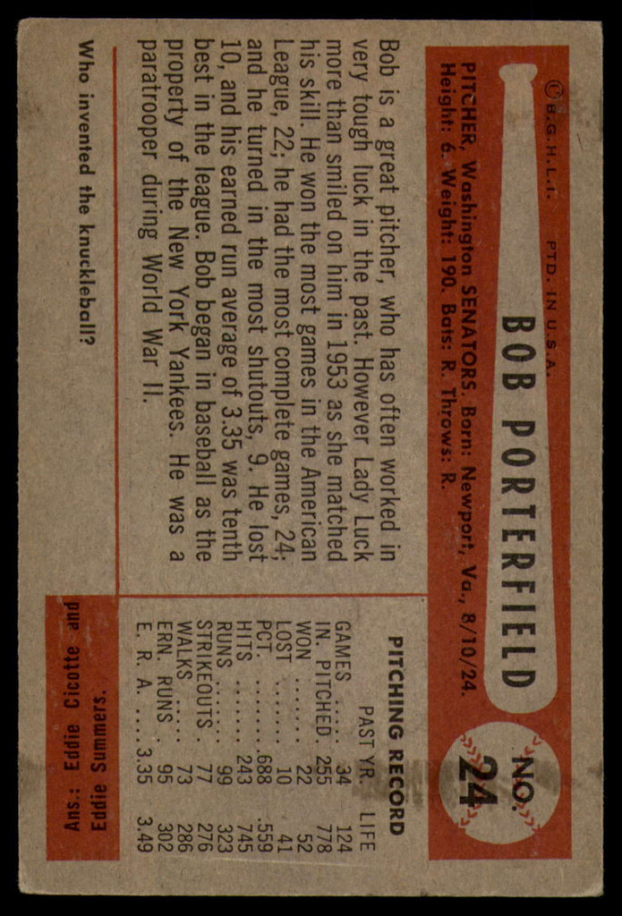 1954 Bowman #24 Bob Porterfield EX++ Excellent++  ID: 102849
