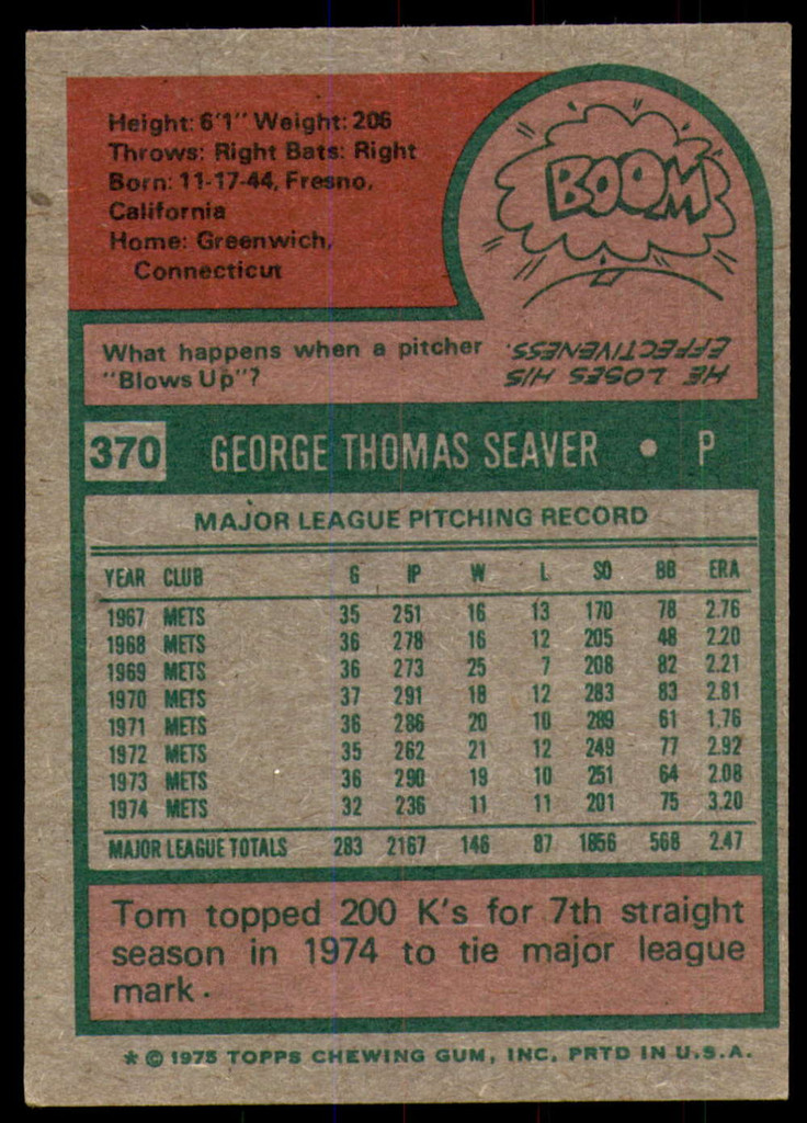 1975 Topps #370 Tom Seaver Excellent+  ID: 199375