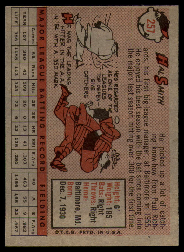 1958 Topps #257 Hal Smith Ex-Mint  ID: 138758