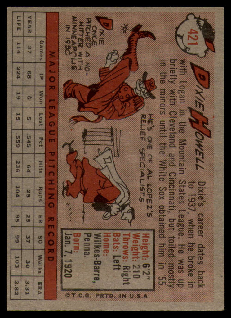 1958 Topps #421 Dixie Howell EX/NM  ID: 107023