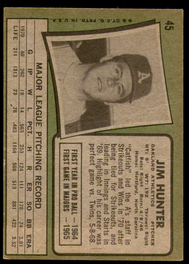 1971 Topps # 45 Jim Hunter Very Good  ID: 216314