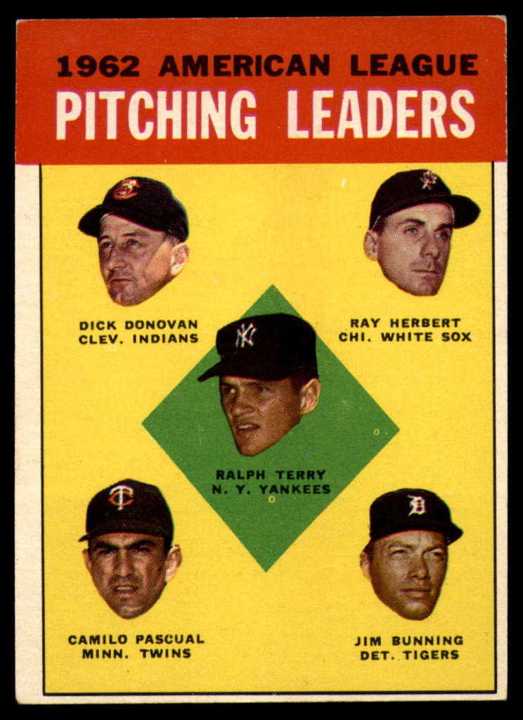 1963 Topps #   8 Terry/Donovan/Herbert/Pascual/Bunning AL Pitching Leaders EX/NM  ID: 112935