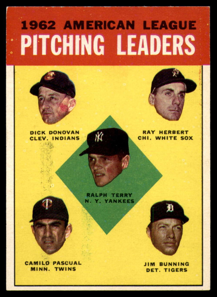 1963 Topps #   8 Terry/Donovan/Herbert/Pascual/Bunning AL Pitching Leaders EX/NM  ID: 112936