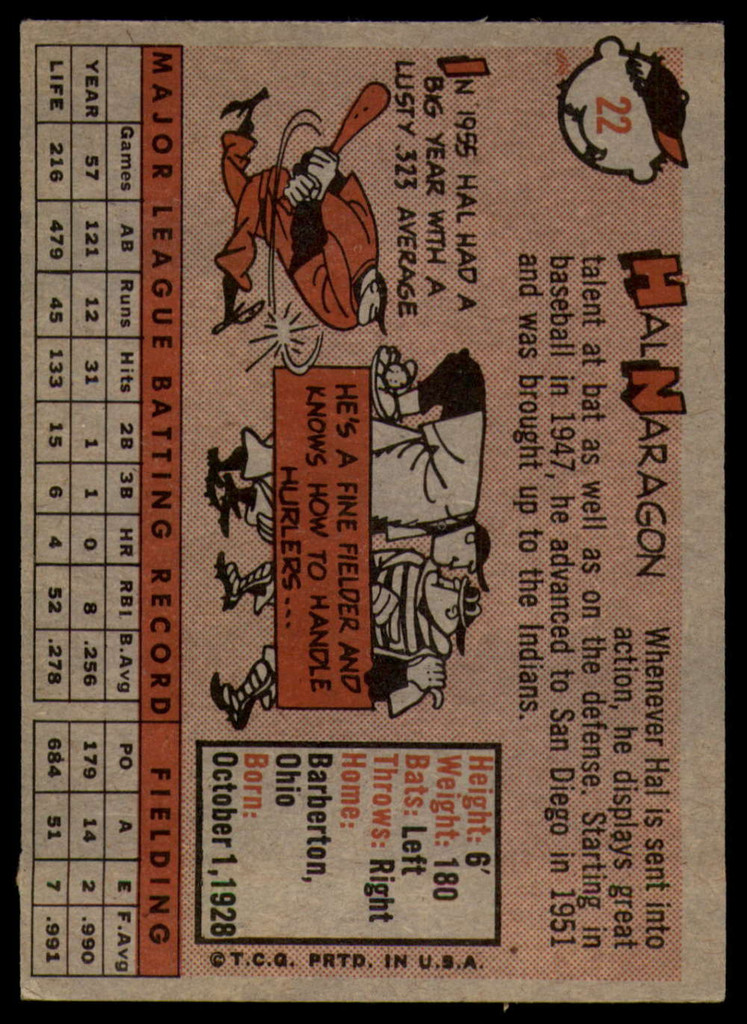 1958 Topps #22 Hal Naragon EX Excellent 