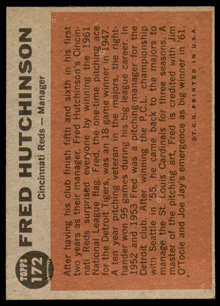 1962 Topps #172 Fred Hutchinson MG Ex-Mint  ID: 188979