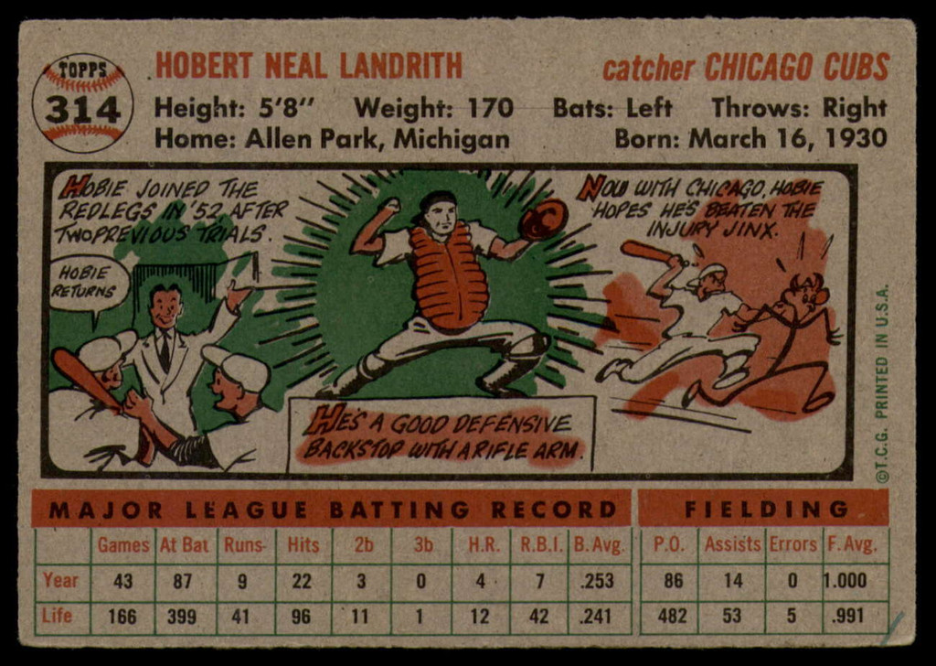 1956 Topps #314 Hobie Landrith EX Excellent  ID: 106818