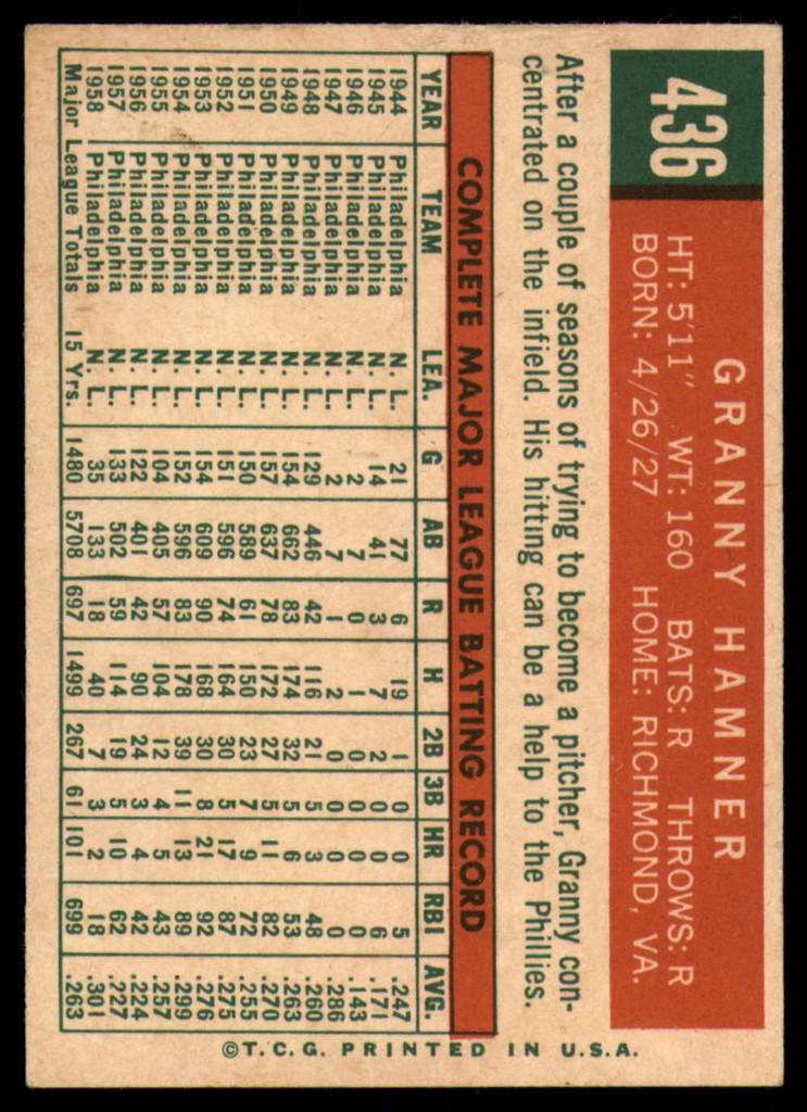 1959 Topps #436 Granny Hamner Ex-Mint  ID: 139088