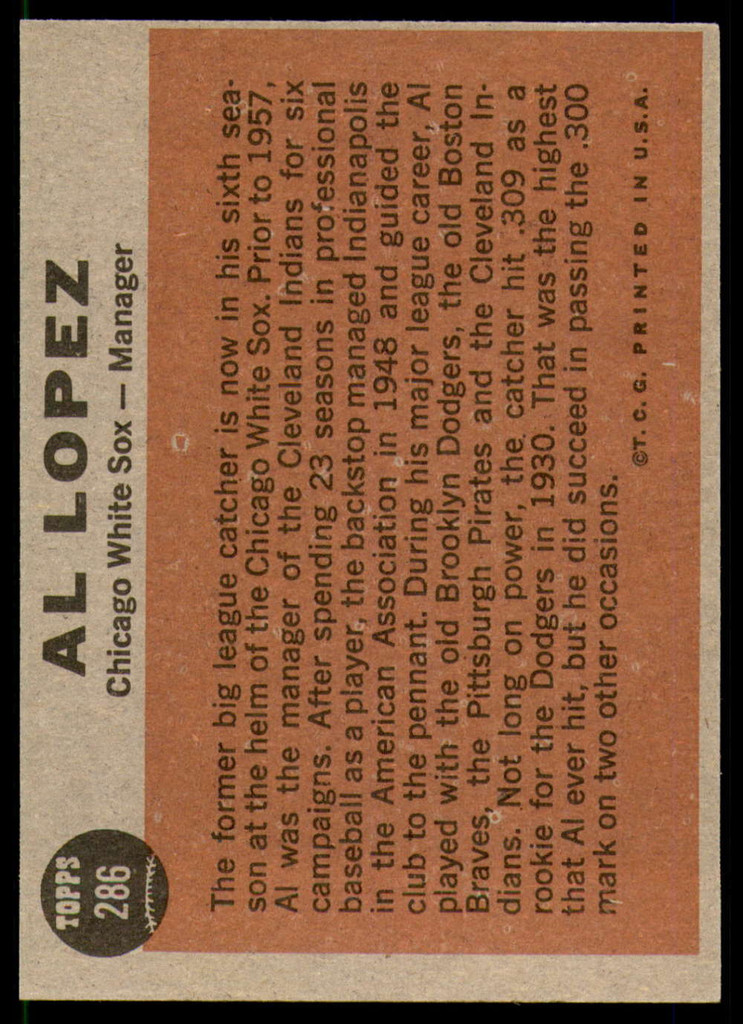 1962 Topps #286 Al Lopez MG Excellent+  ID: 195155