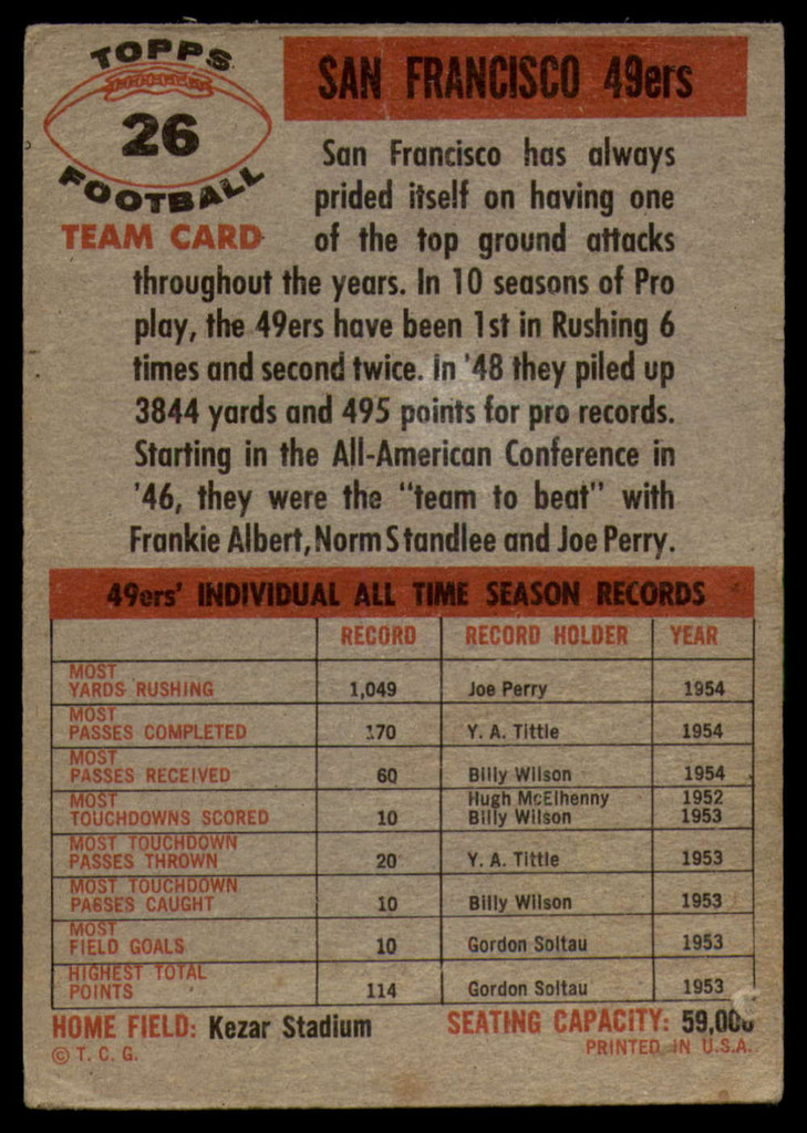 1956 Topps #26 49ers Team VG Very Good 