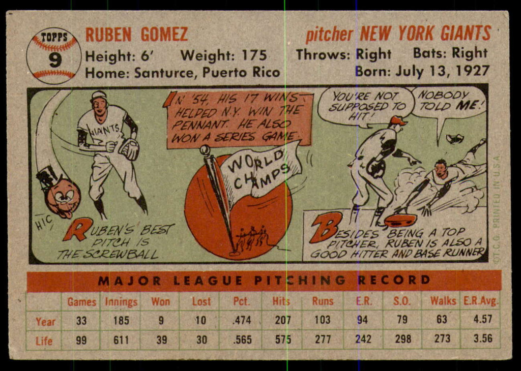 1956 Topps #9 Ruben Gomez DP Excellent+ 