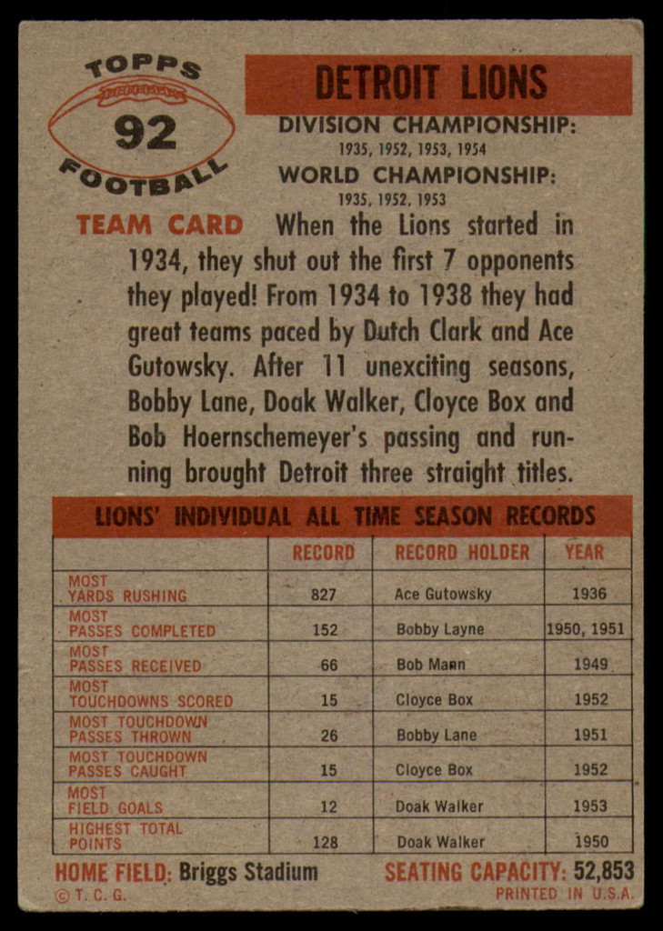 1956 Topps #92 Lions Team VG Very Good 