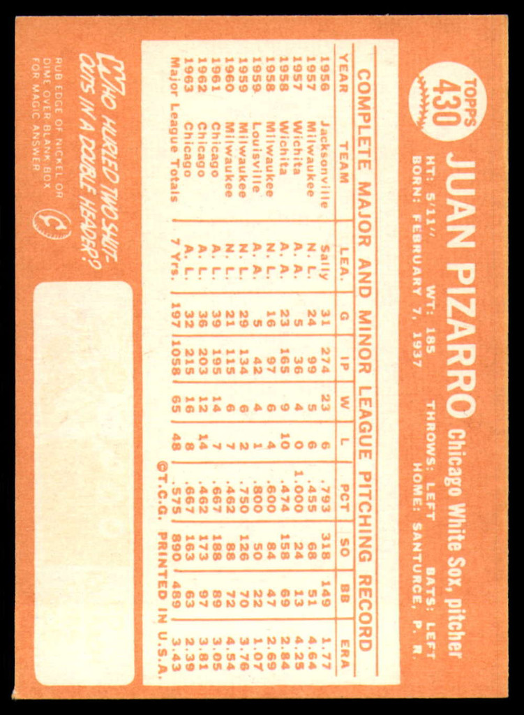 1964 Topps #430 Juan Pizarro Ex-Mint  ID: 160361
