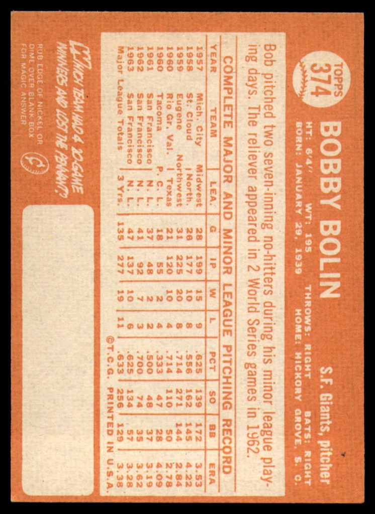 1964 Topps #374 Bobby Bolin Ex-Mint  ID: 160107