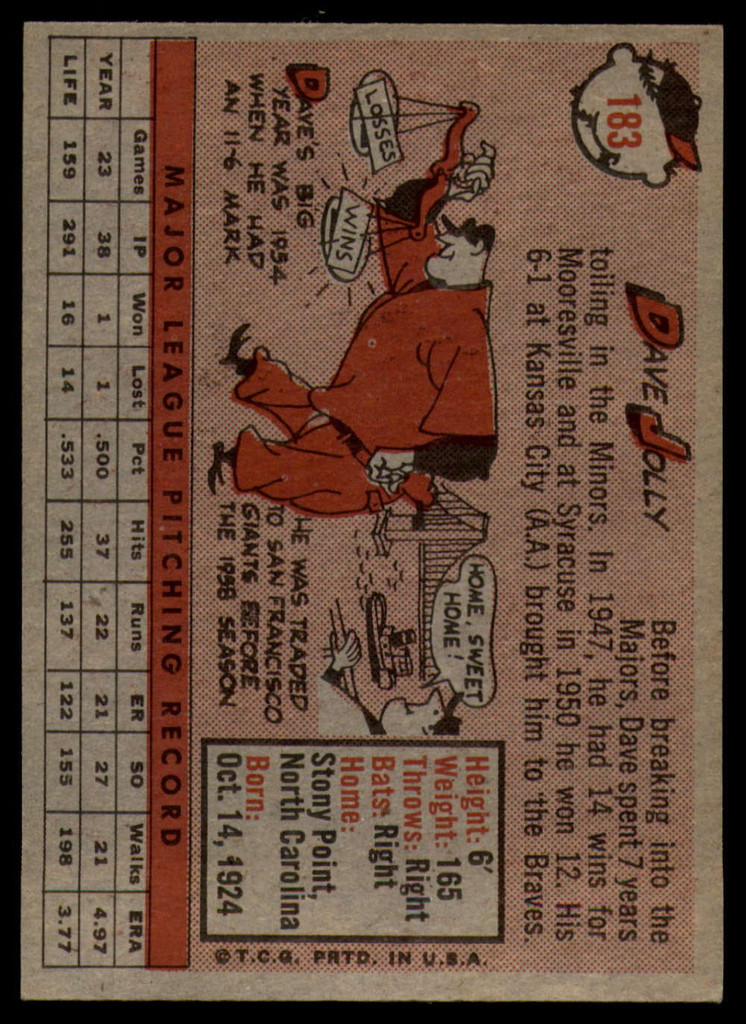 1958 Topps #183 Dave Jolly UER EX/NM  ID: 120950