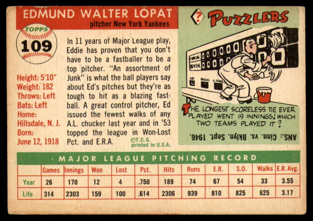 1955 Topps #109 Ed Lopat VG/EX Very Good/Excellent  ID: 103059