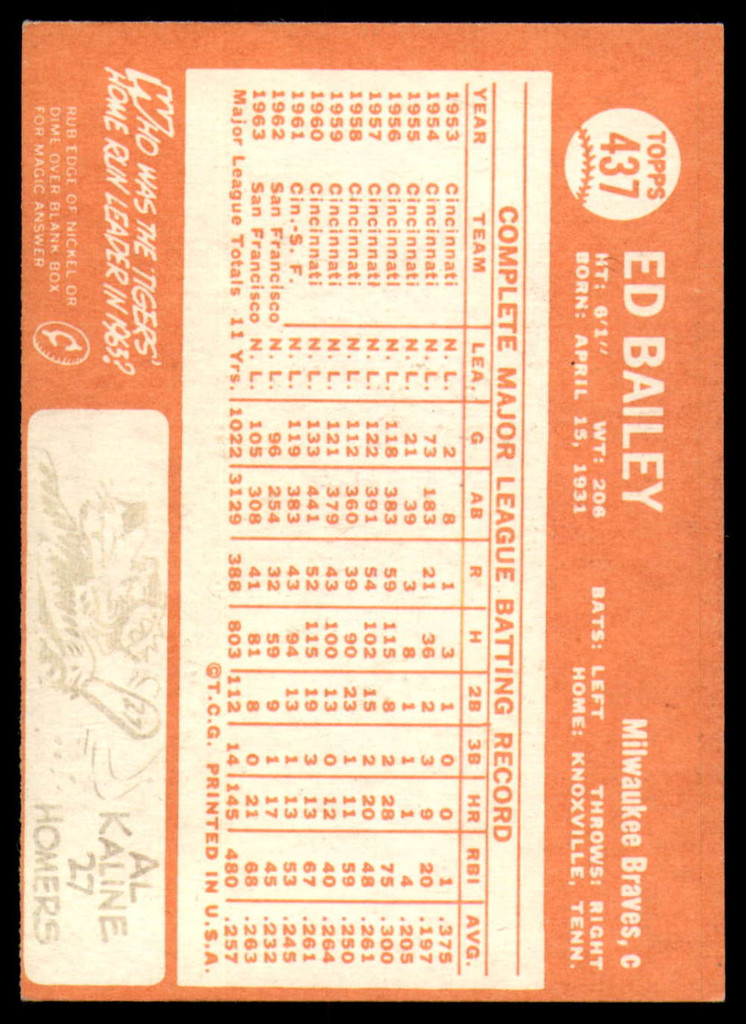 1964 Topps #437 Ed Bailey Ex-Mint  ID: 160408